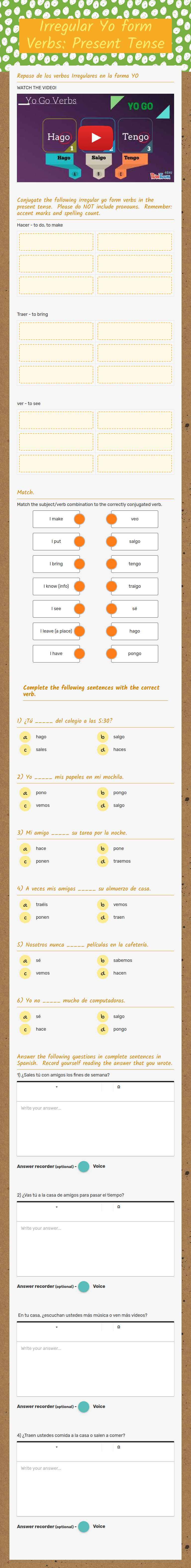 Irregular Yo form Verbs: Present Tense Grade 9 worksheet preview