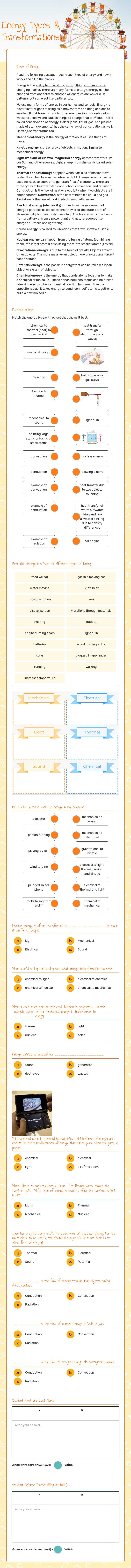 Energy Types & Transformations worksheet preview image
