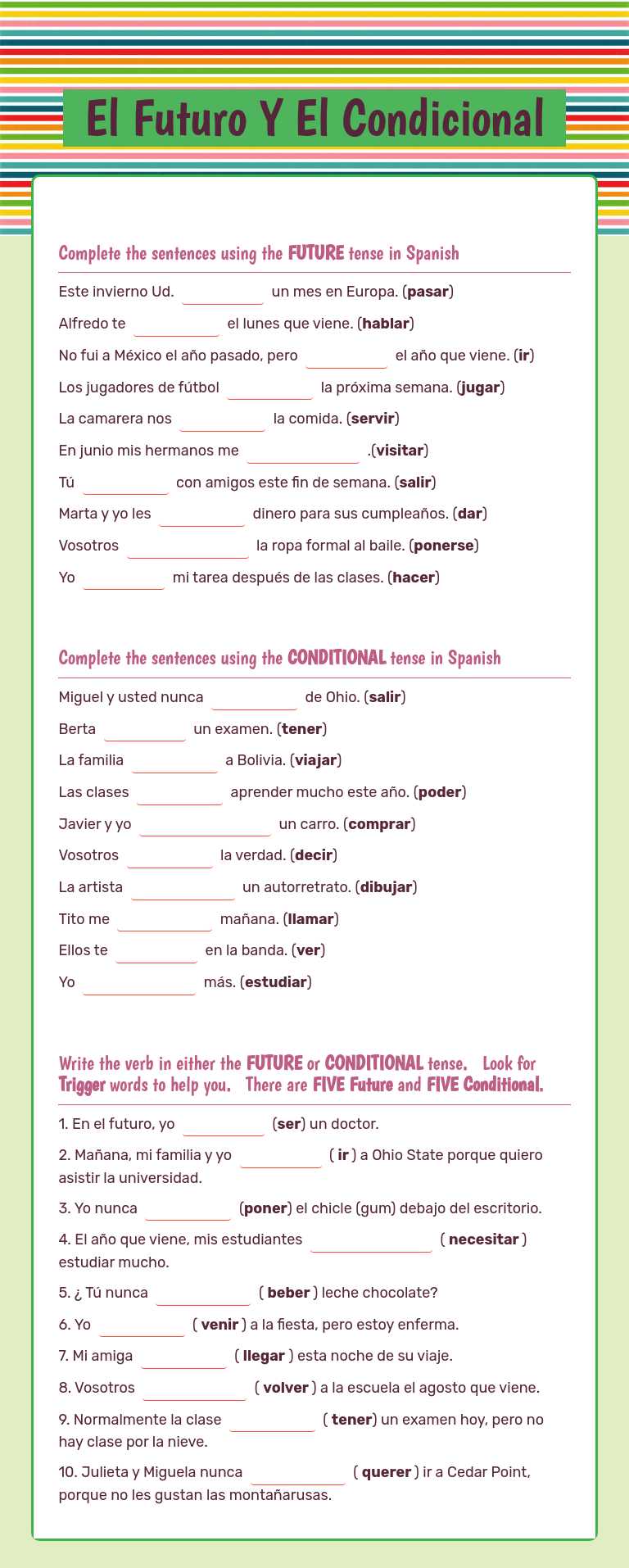 El Futuro Y El Condicional worksheet preview image