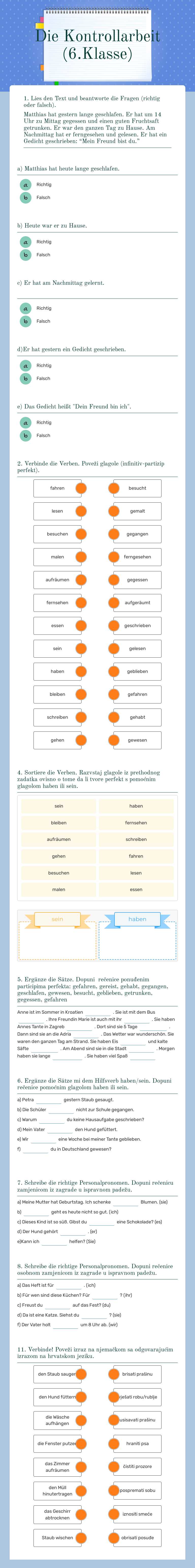 Die Kontrollarbeit (6.Klasse) worksheet preview image