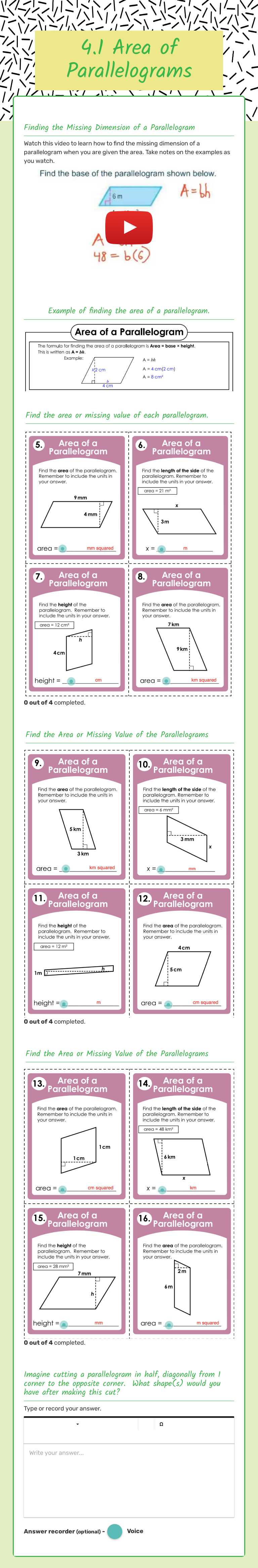 4.1 Area of Parallelograms worksheet preview image