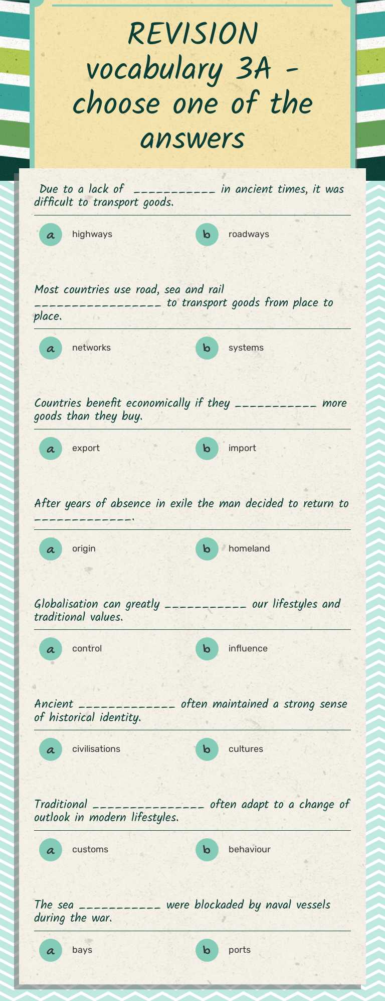 REVISION vocabulary 3A - choose one of the answers worksheet preview image