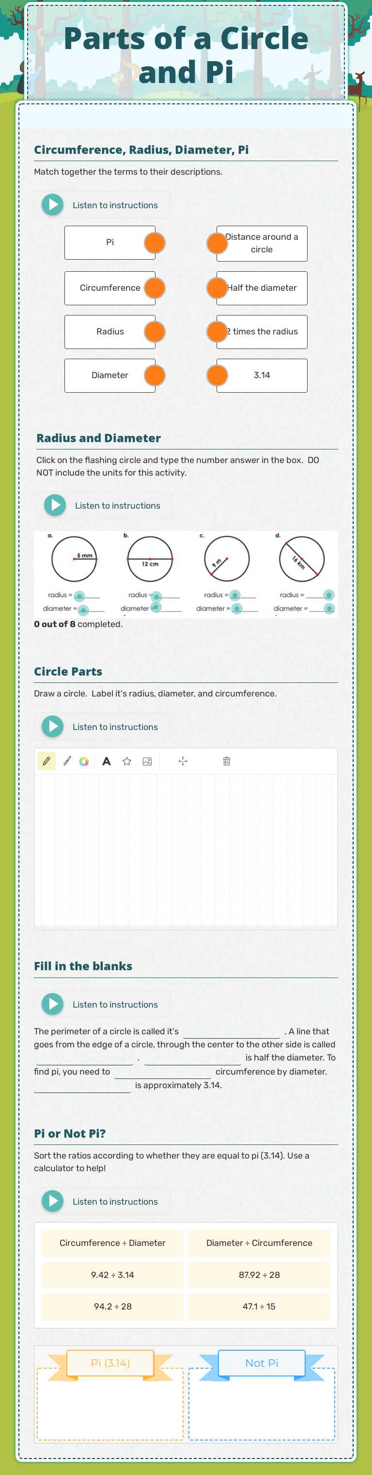 Parts of a Circle and Pi worksheet preview image