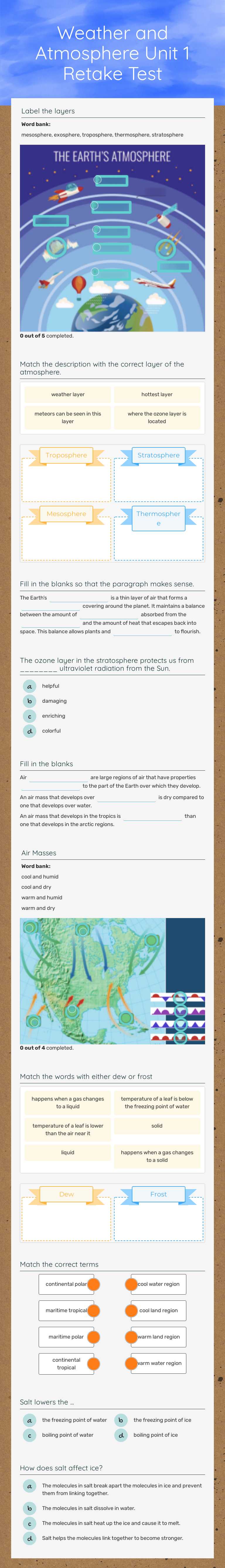 Weather and Atmosphere Unit 1 Retake Test Grade 6 worksheet preview
