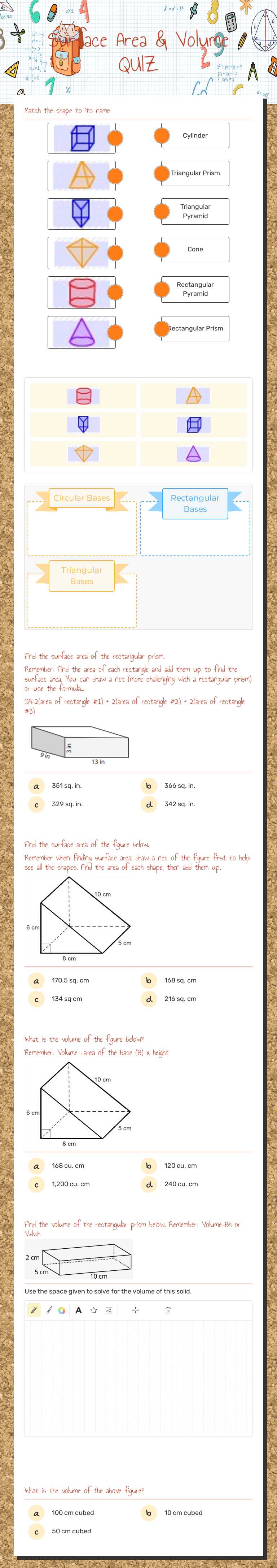 Surface Area & Volume QUIZ Grade 6 worksheet preview