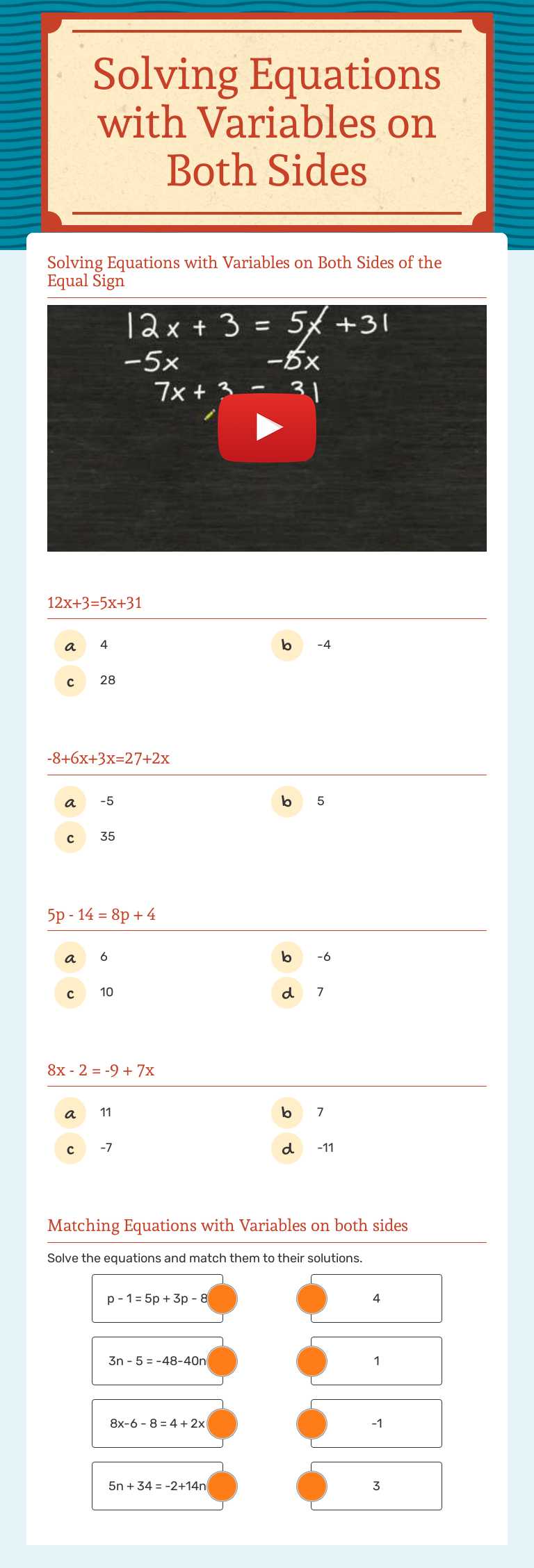 Solving Equations with Variables on Both Sides Grade 8 worksheet preview