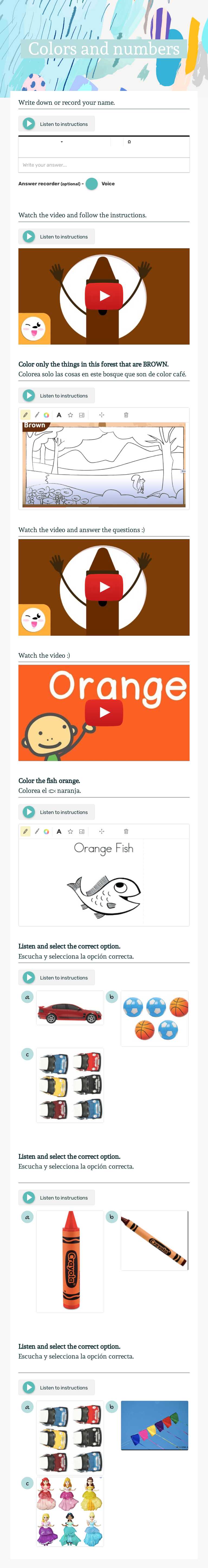 Colors and numbers worksheet preview image