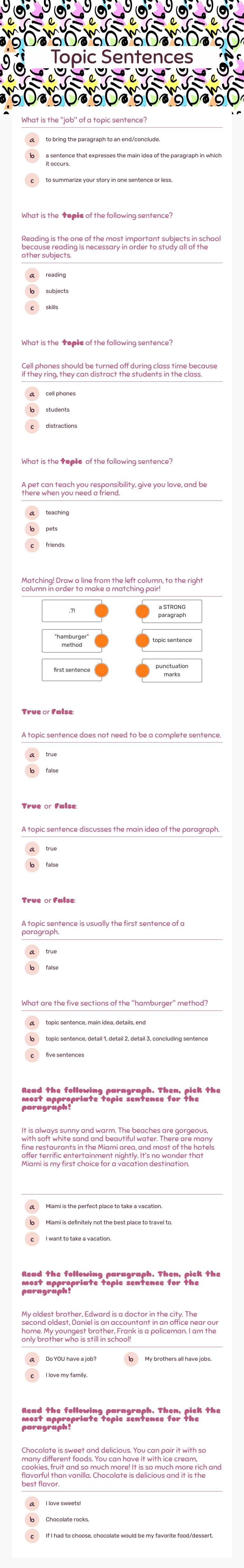 Topic Sentences worksheet preview image