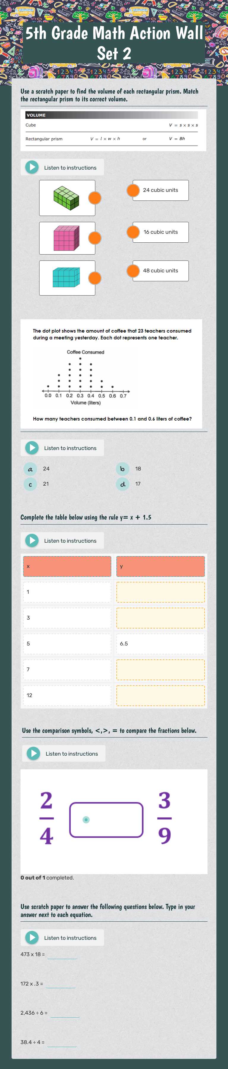 5th Grade Math Action Wall Set 2 worksheet preview image