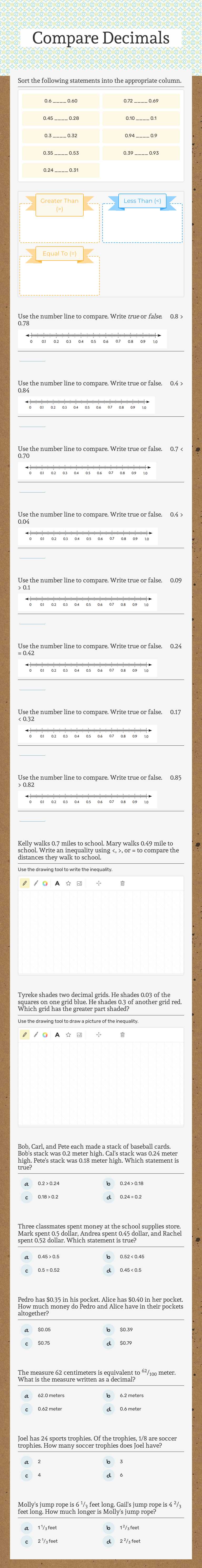 Compare Decimals worksheet preview image