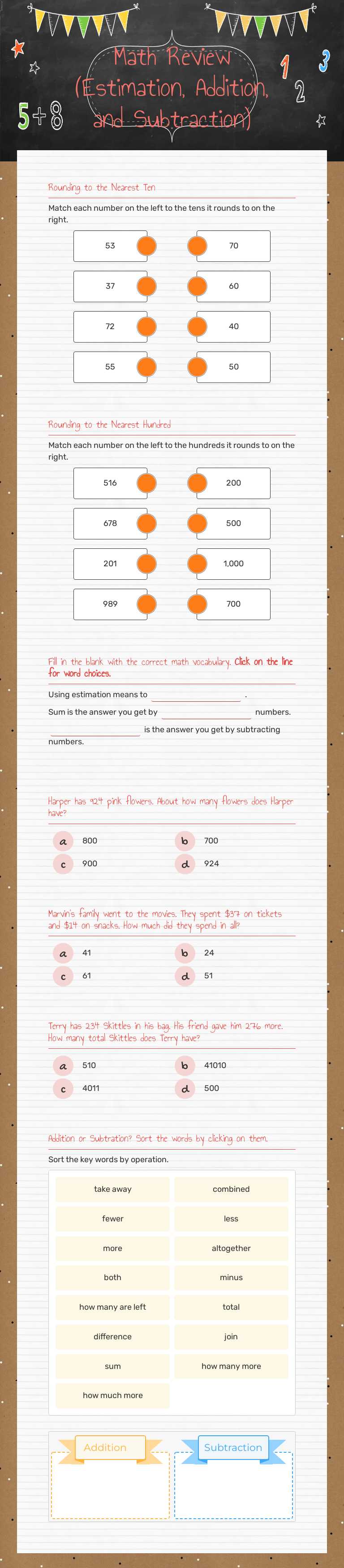 Math Review
(Estimation, Addition, and Subtraction) worksheet preview image
