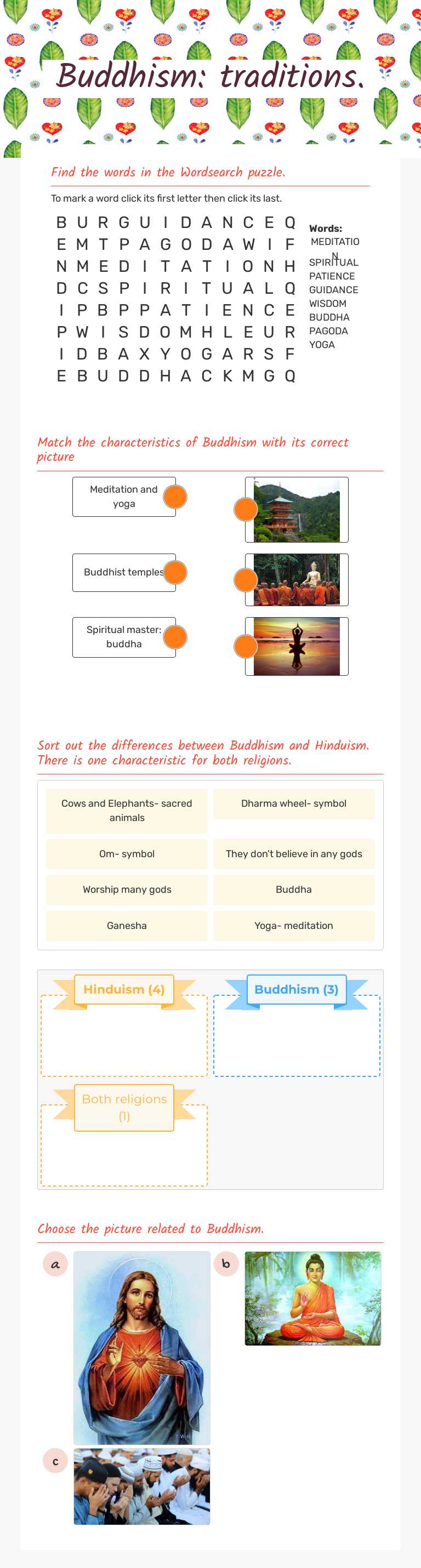 Buddhism: traditions. Grade 2 worksheet preview