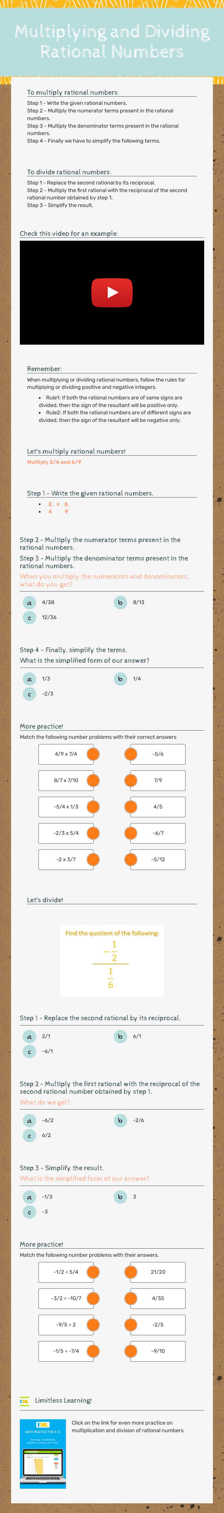 Multiplying and Dividing Rational Numbers Grade 6 worksheet preview