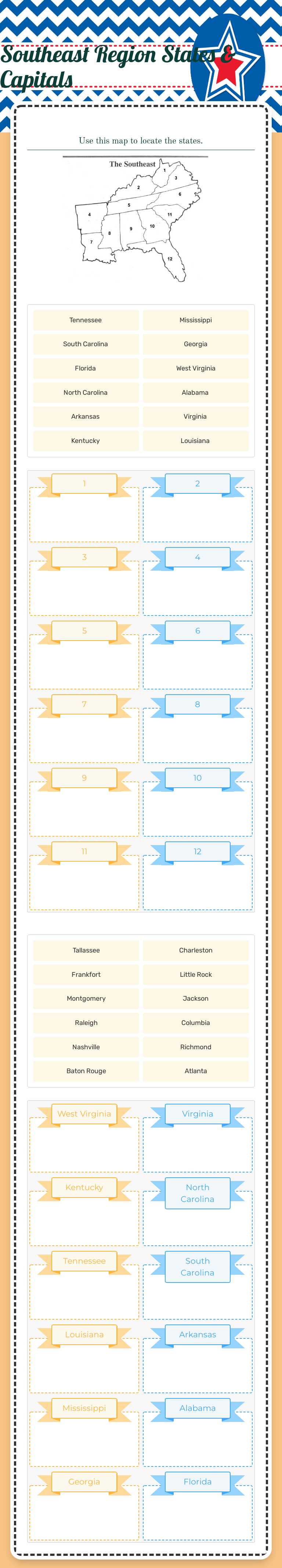 Southeast Region                    States & Capitals worksheet preview image