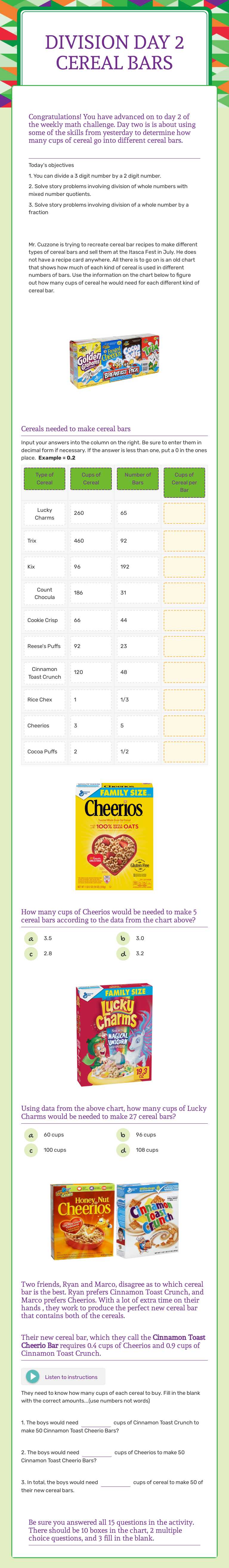 Division Day 2
Cereal Bars Grade 5 worksheet preview