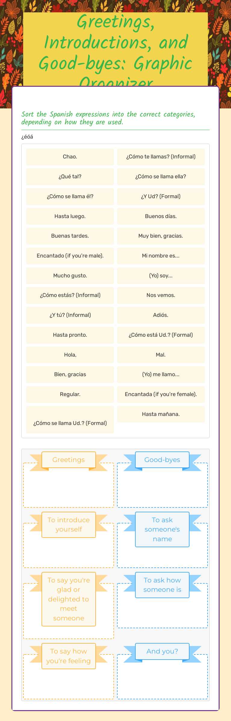 Greetings, Introductions, and Good-byes: Graphic Organizer Grade 7 worksheet preview