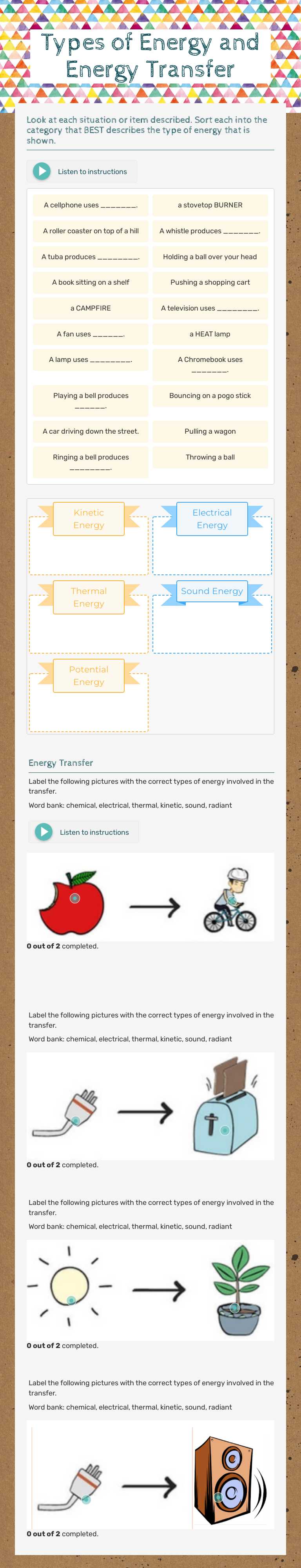 Types of Energy and Energy Transfer worksheet preview image
