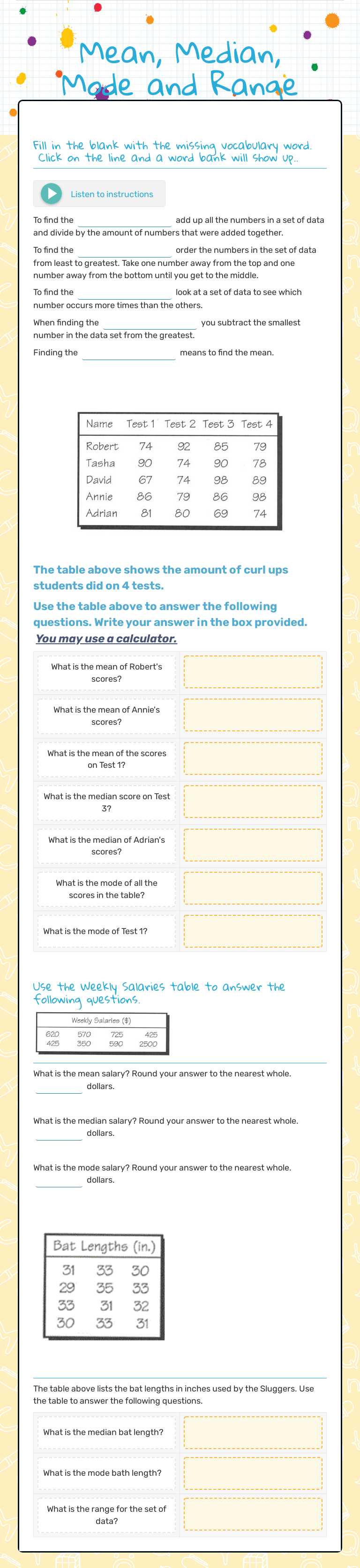 Mean, Median, Mode and Range worksheet preview image
