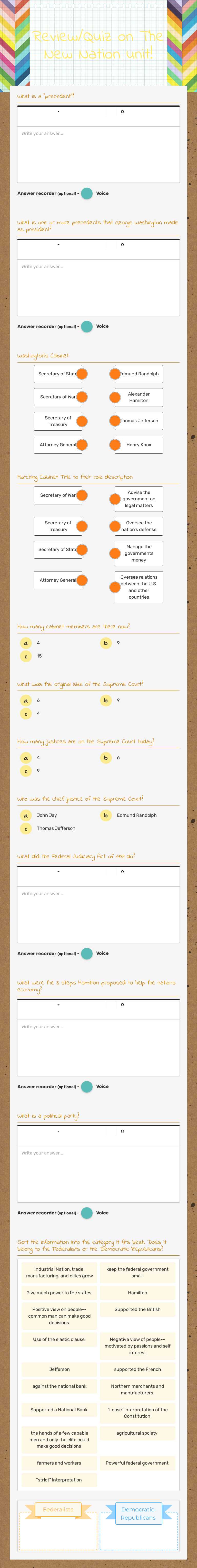 Review/Quiz on The New Nation unit! worksheet preview image