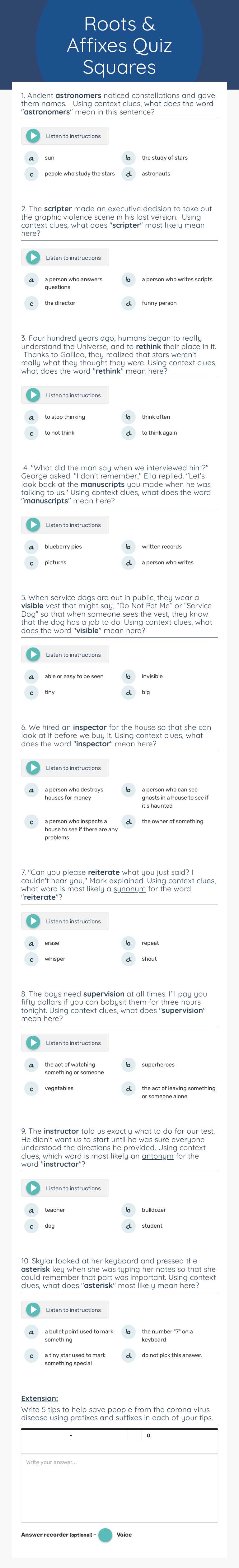 Roots & Affixes Quiz Squares Grade 6 worksheet preview