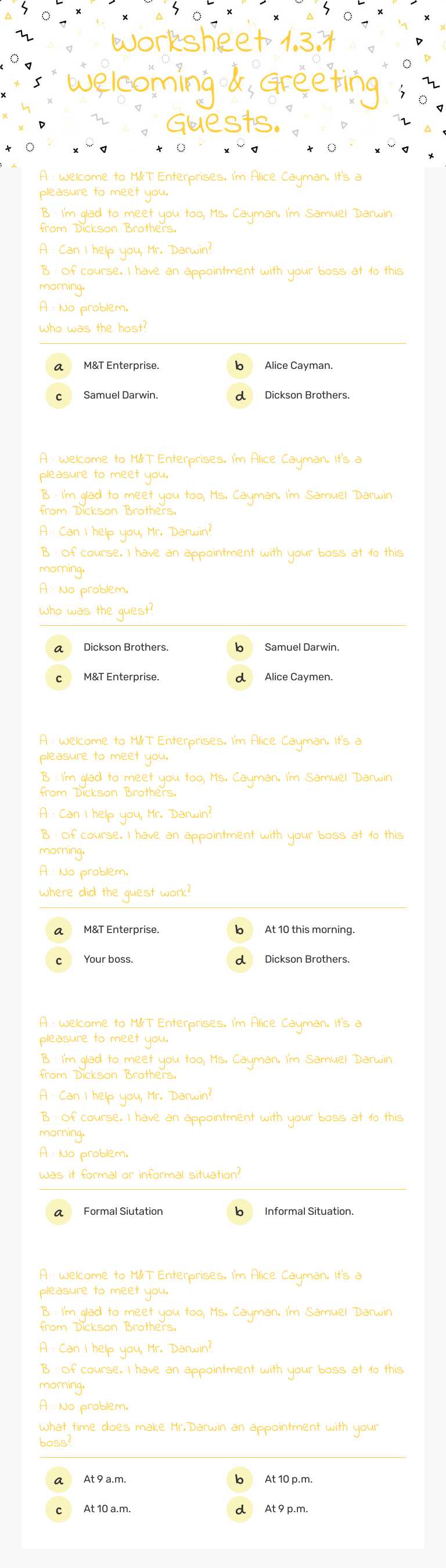 Worksheet 1.3.1 Welcoming & Greeting Guests. worksheet preview image