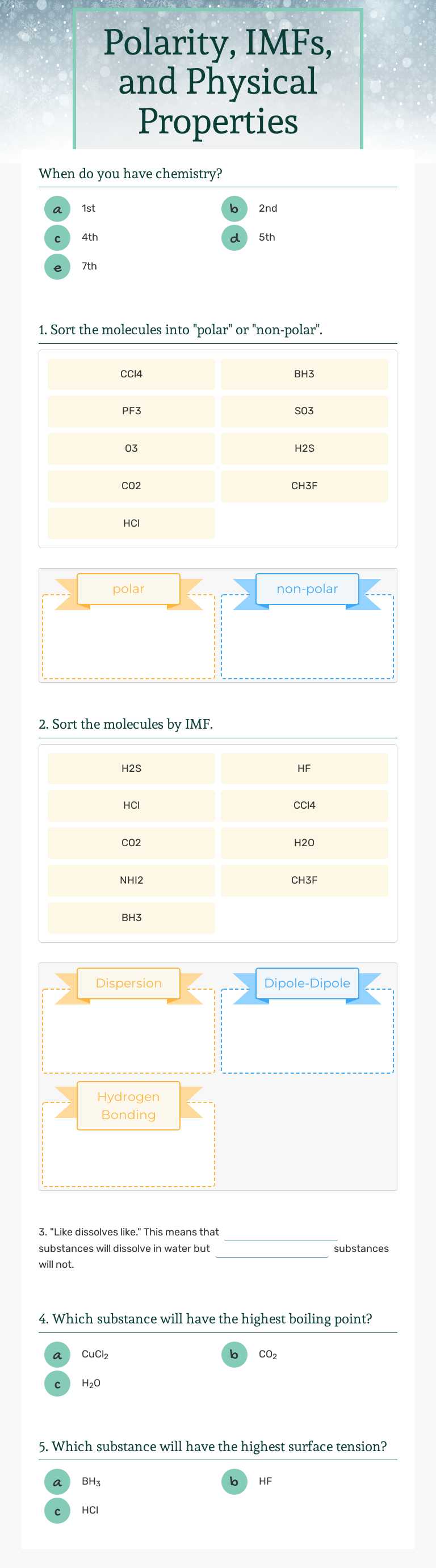 Polarity, IMFs, and Physical Properties Grade 10 worksheet preview