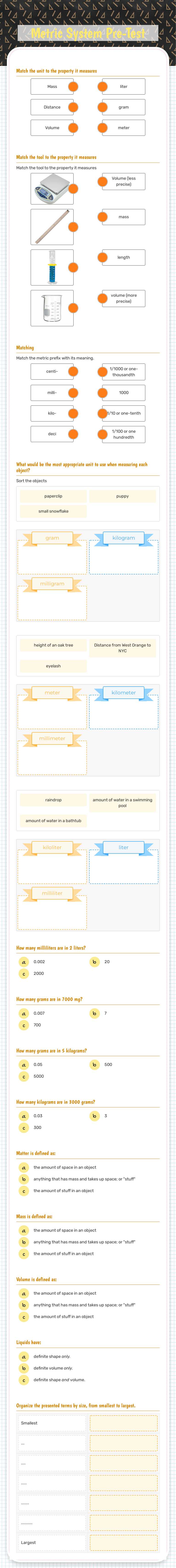 Metric System Pre-Test Grade 8 worksheet preview