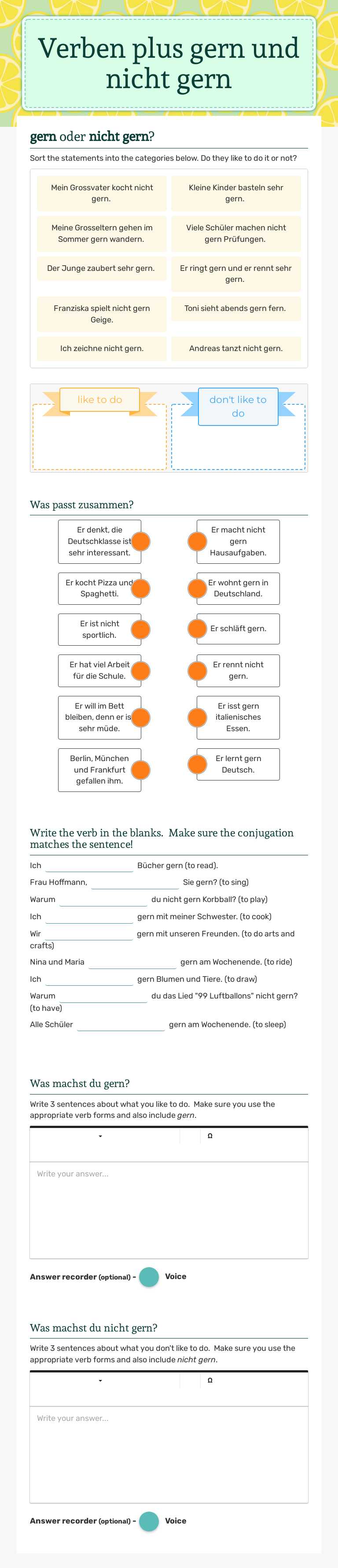 Verben plus gern und nicht gern worksheet preview image