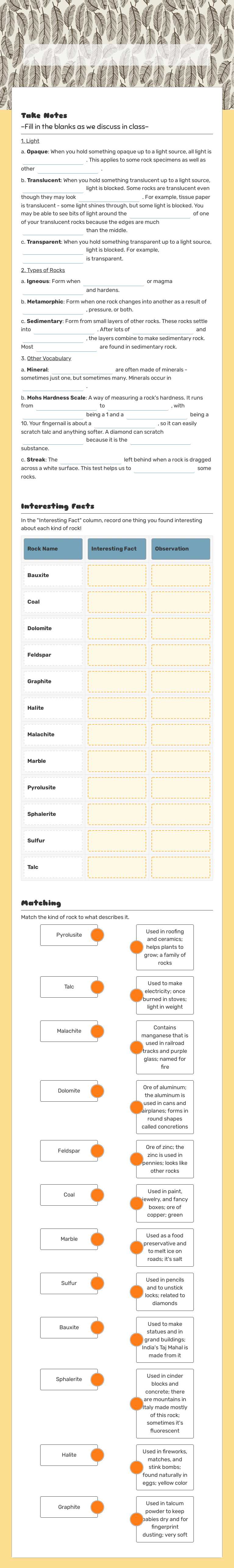 Types of Rocks (Rock Kit) worksheet preview image