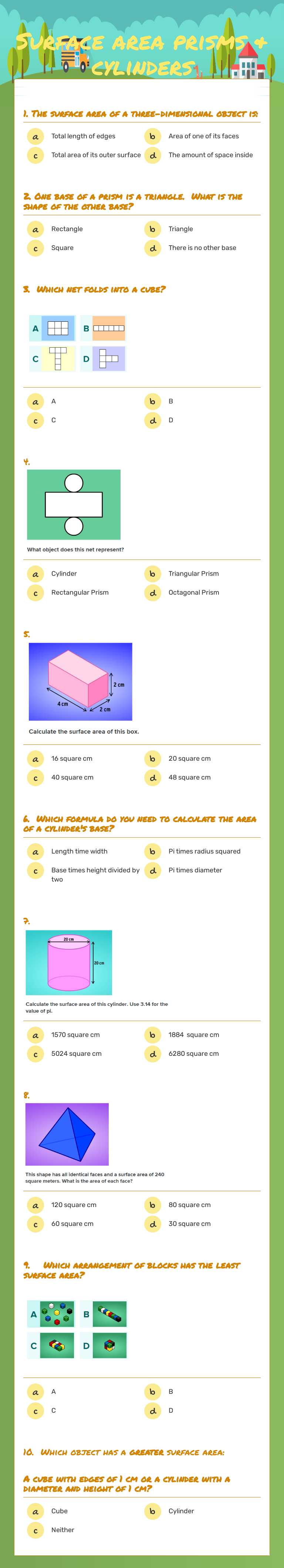 Surface area            
  prisms & cylinders Grade 8 worksheet preview