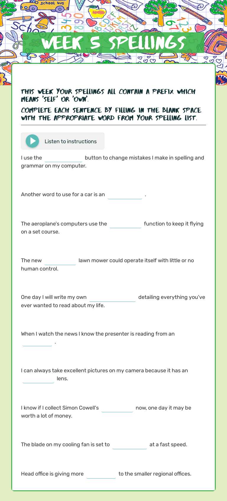 Week 5 Spellings worksheet preview image