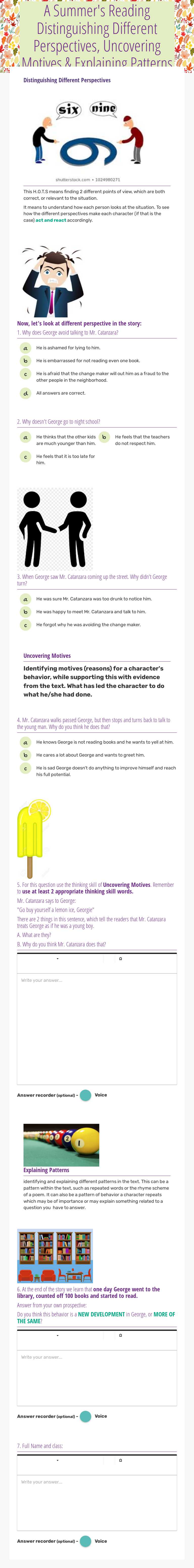 A Summer's Reading      Distinguishing Different Perspectives, Uncovering Motives & Explaining Patterns Grade 10 worksheet preview