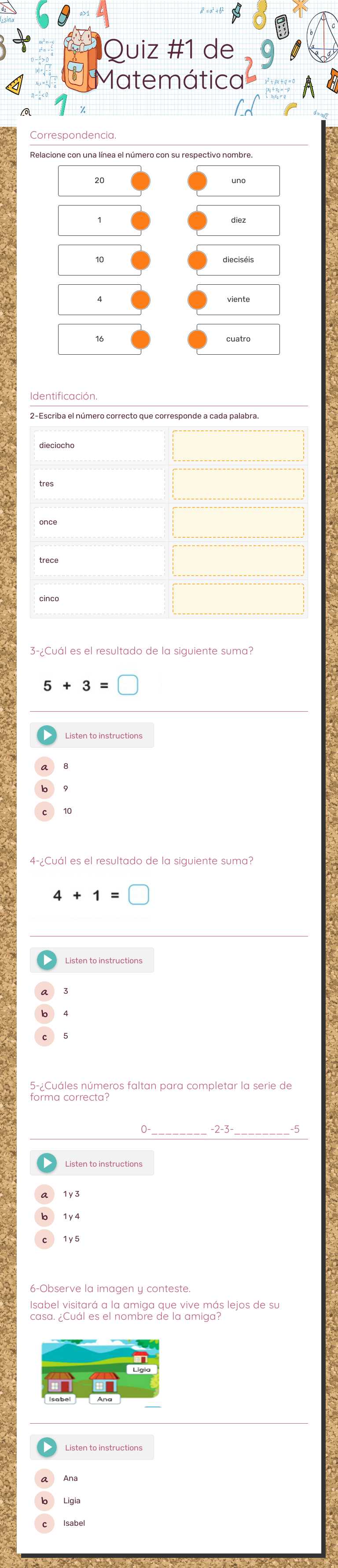 Quiz #1 de Matemática Grade 1 worksheet preview
