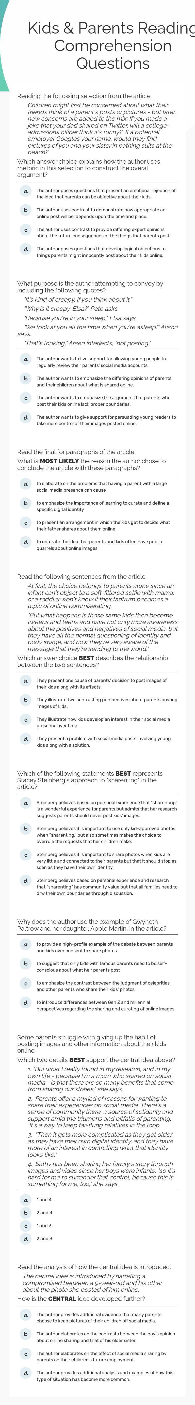 Kids & Parents 
Reading Comprehension
Questions worksheet preview image