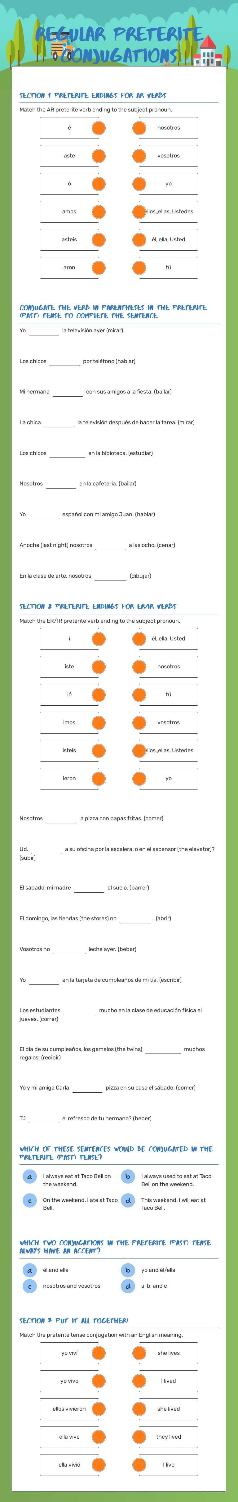 REGULAR PRETERITE CONJUGATIONS worksheet preview image