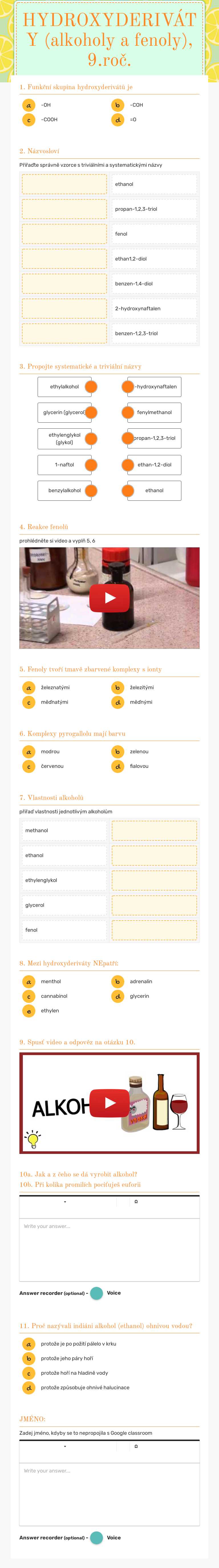HYDROXYDERIVÁTY (alkoholy a fenoly), 9.roč. worksheet preview image