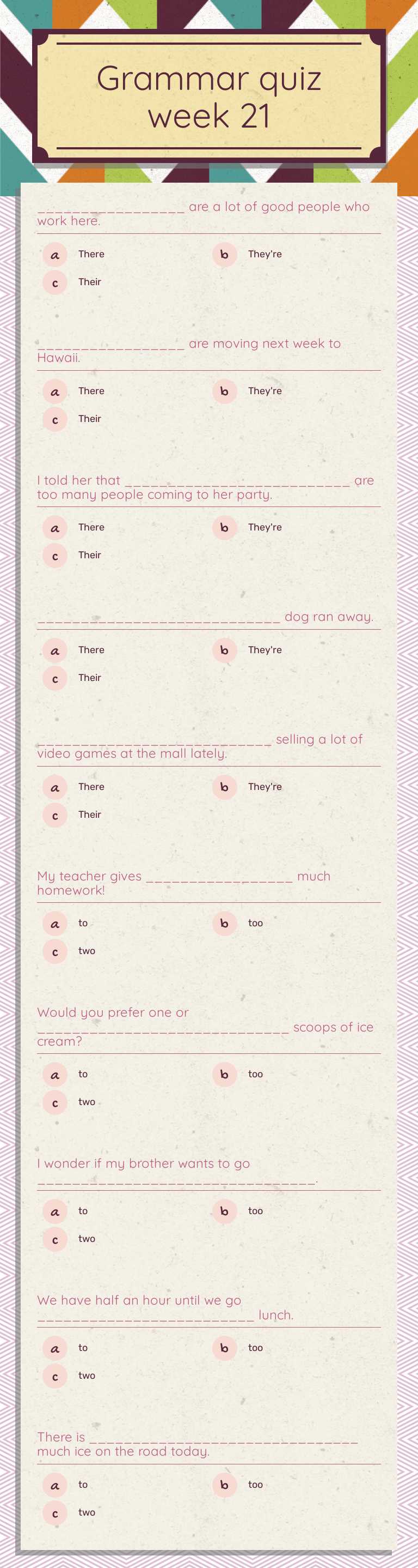 Grammar quiz week 21 worksheet preview image