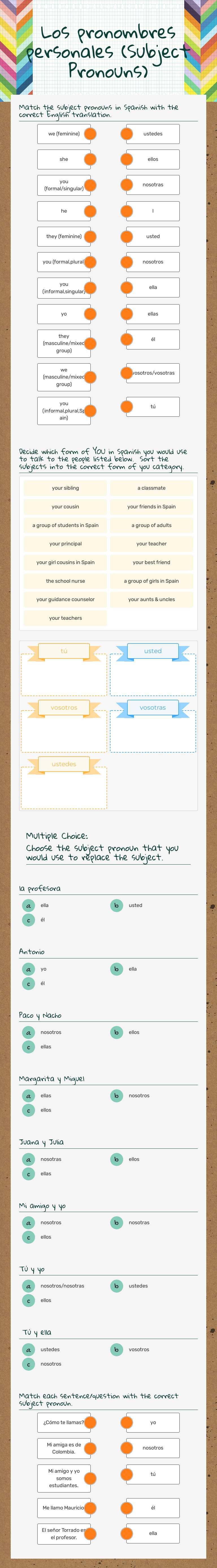 Los pronombres personales                      (Subject Pronouns) worksheet preview image