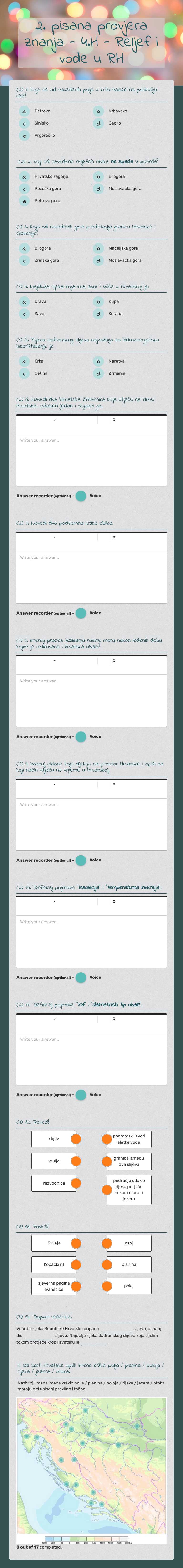 2. pisana provjera znanja - 4.H - Reljef i vode u RH Grade 11 worksheet preview