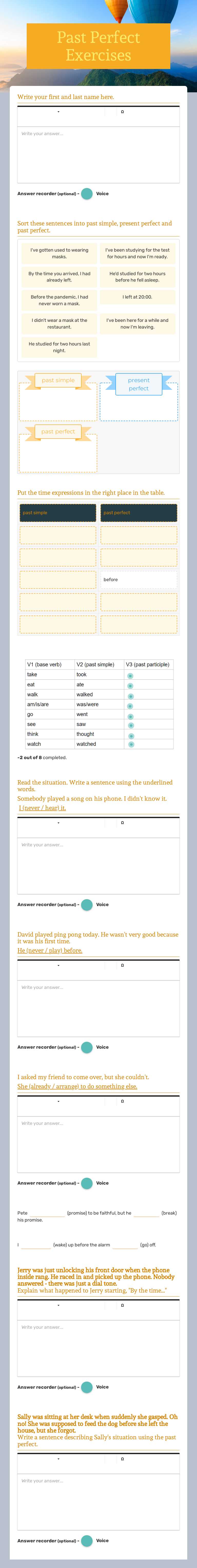 Past Perfect Exercises Grade 10 worksheet preview