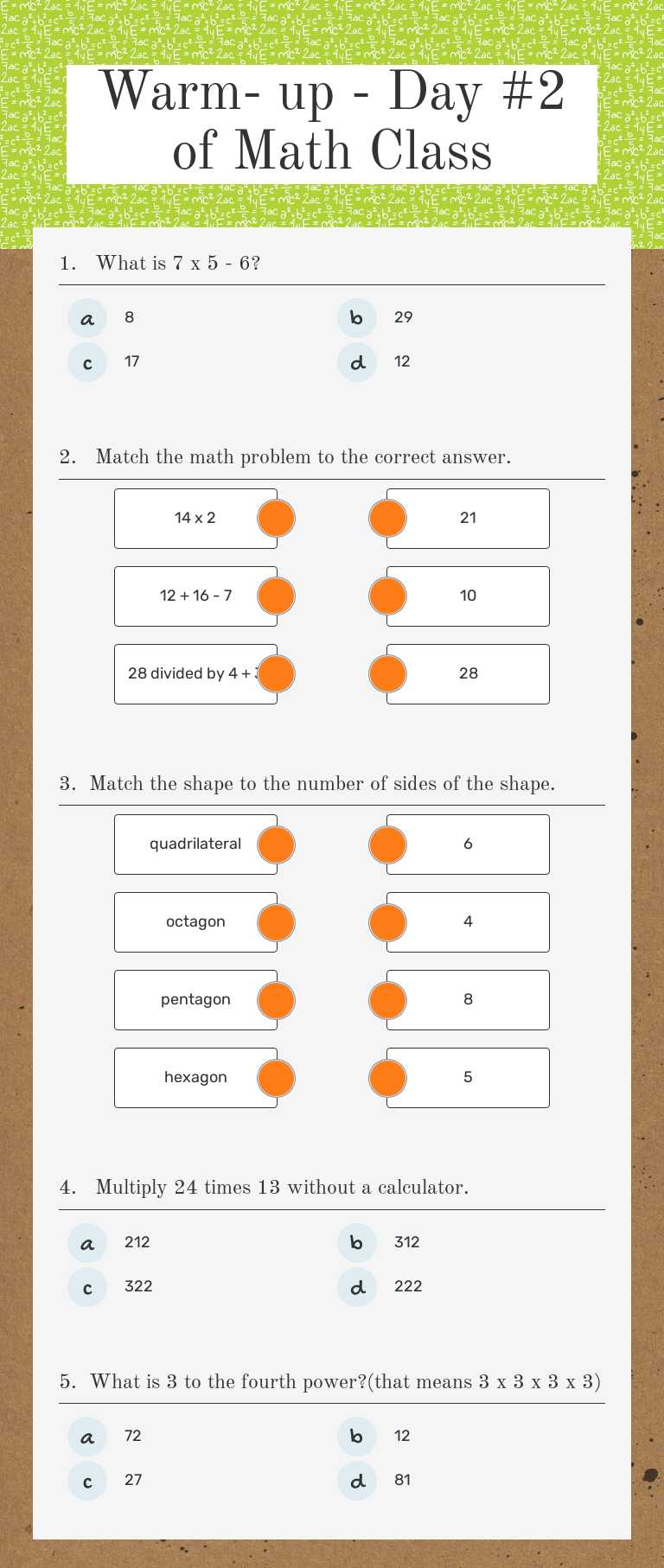 Warm- up  - Day #2 of Math Class worksheet preview image