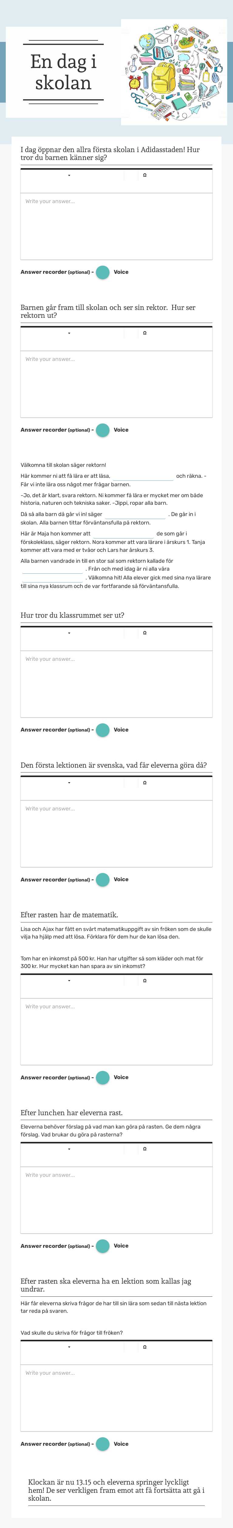 En dag i skolan Grade 2 worksheet preview