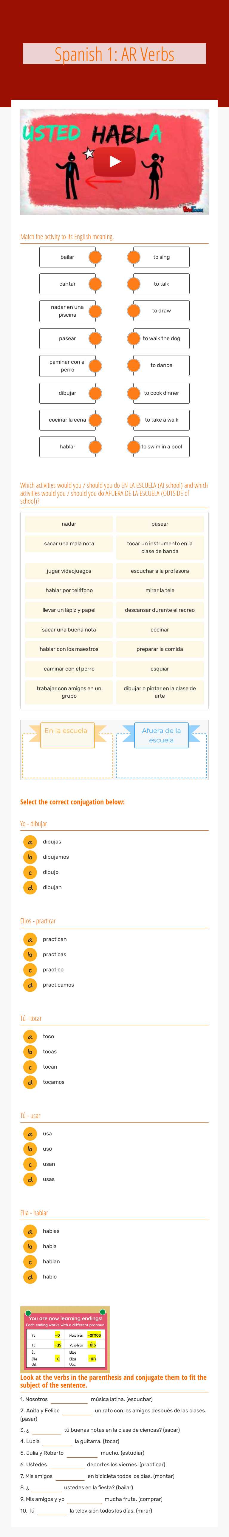 Spanish 1: AR Verbs Grade 10 worksheet preview