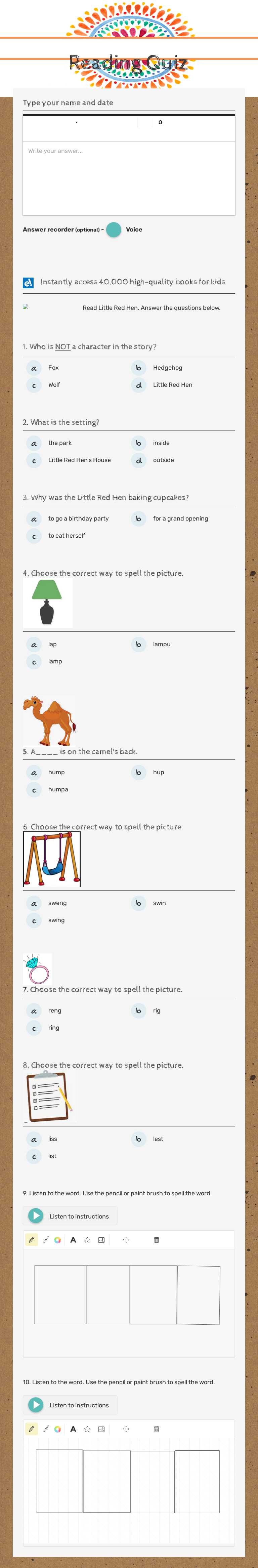 Reading Quiz worksheet preview image