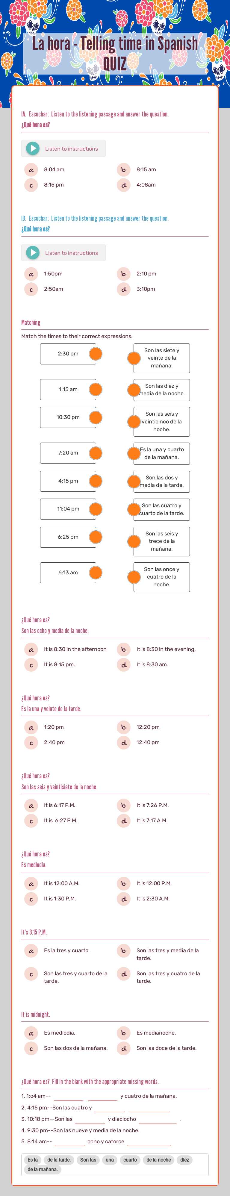La hora - Telling time in Spanish QUIZ Grade 6 worksheet preview