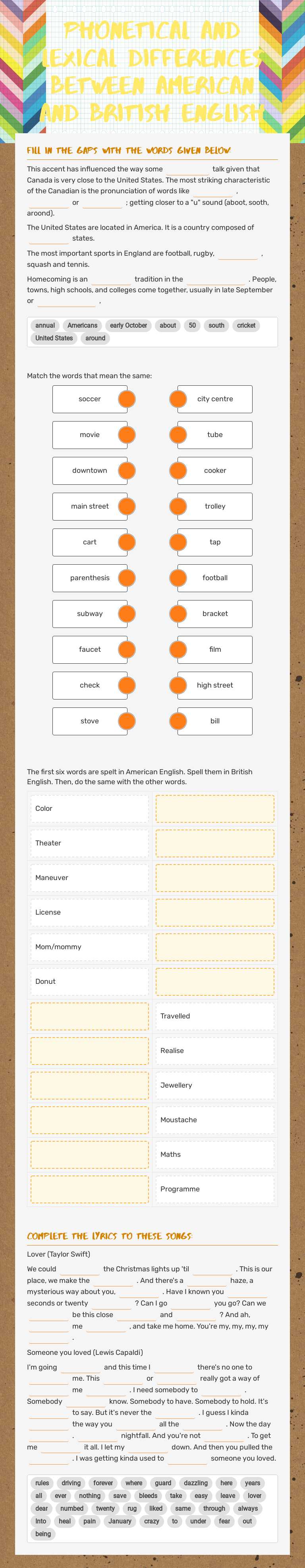 PHONETICAL AND LEXICAL DIFFERENCES BETWEEN AMERICAN AND BRITISH ENGLISH Preschool worksheet preview