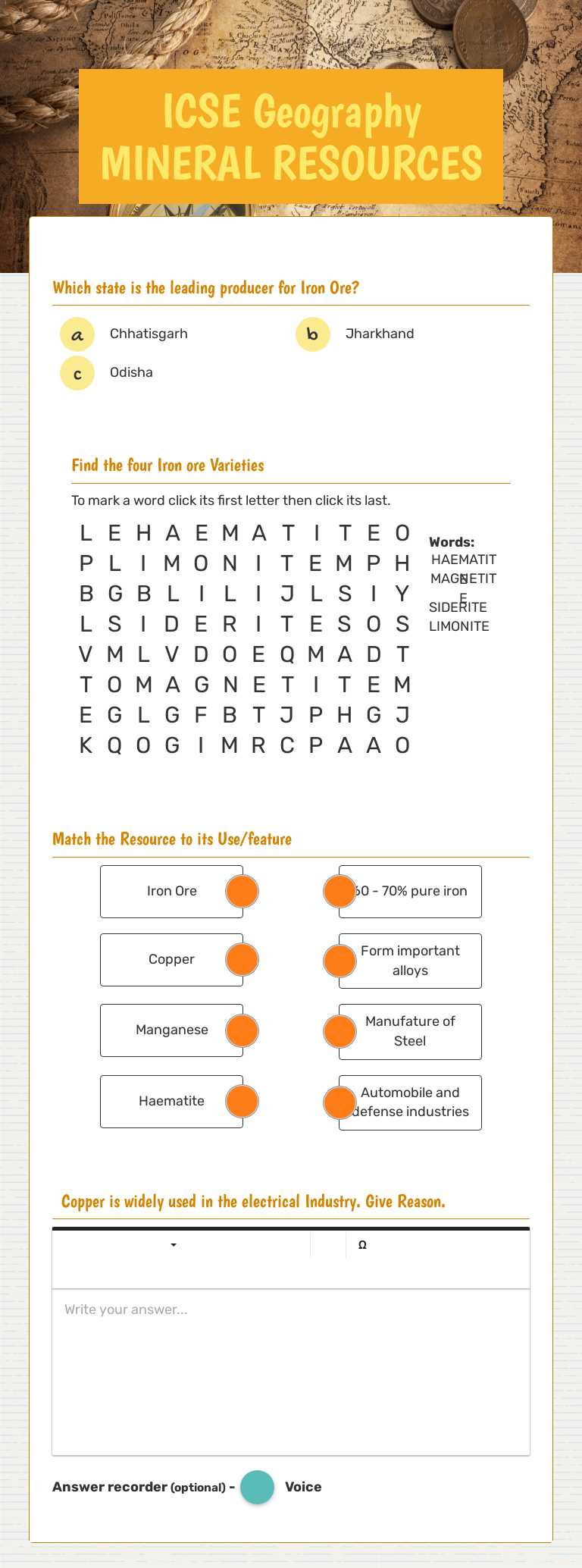ICSE Geography MINERAL RESOURCES worksheet preview image