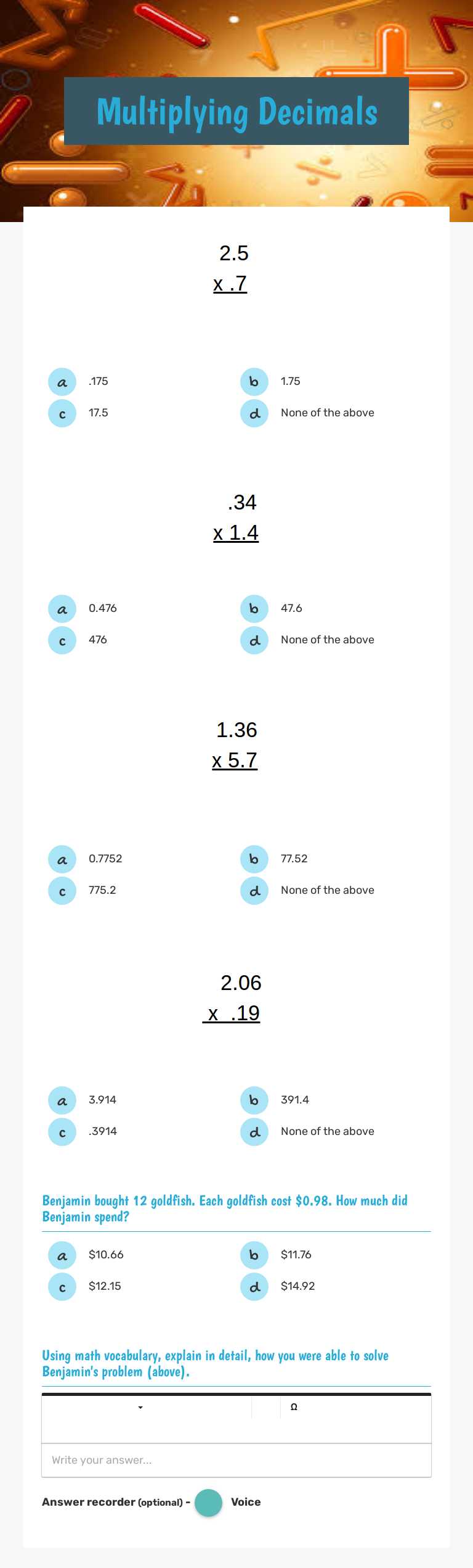 Multiplying Decimals worksheet preview image