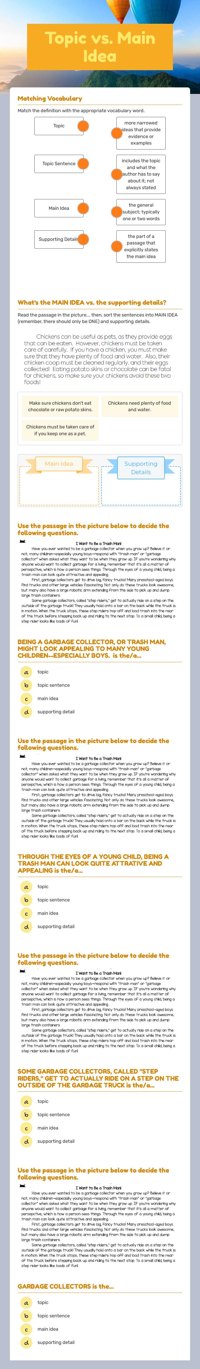 Topic vs. Main Idea worksheet preview image