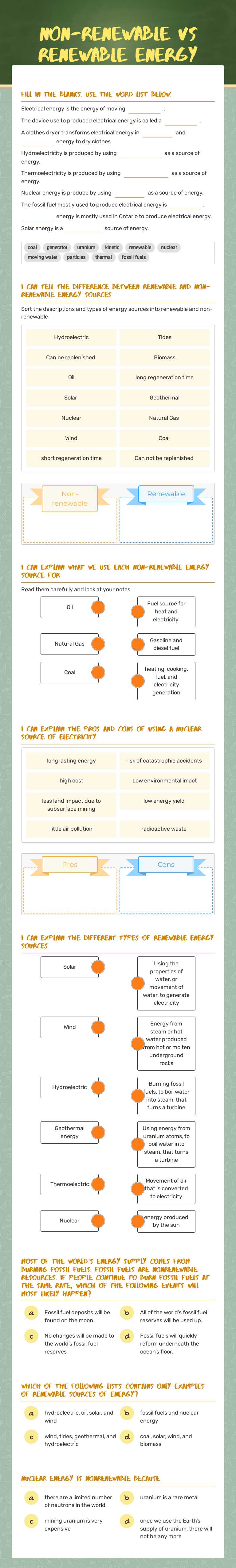 Non-renewable vs Renewable Energy worksheet preview image